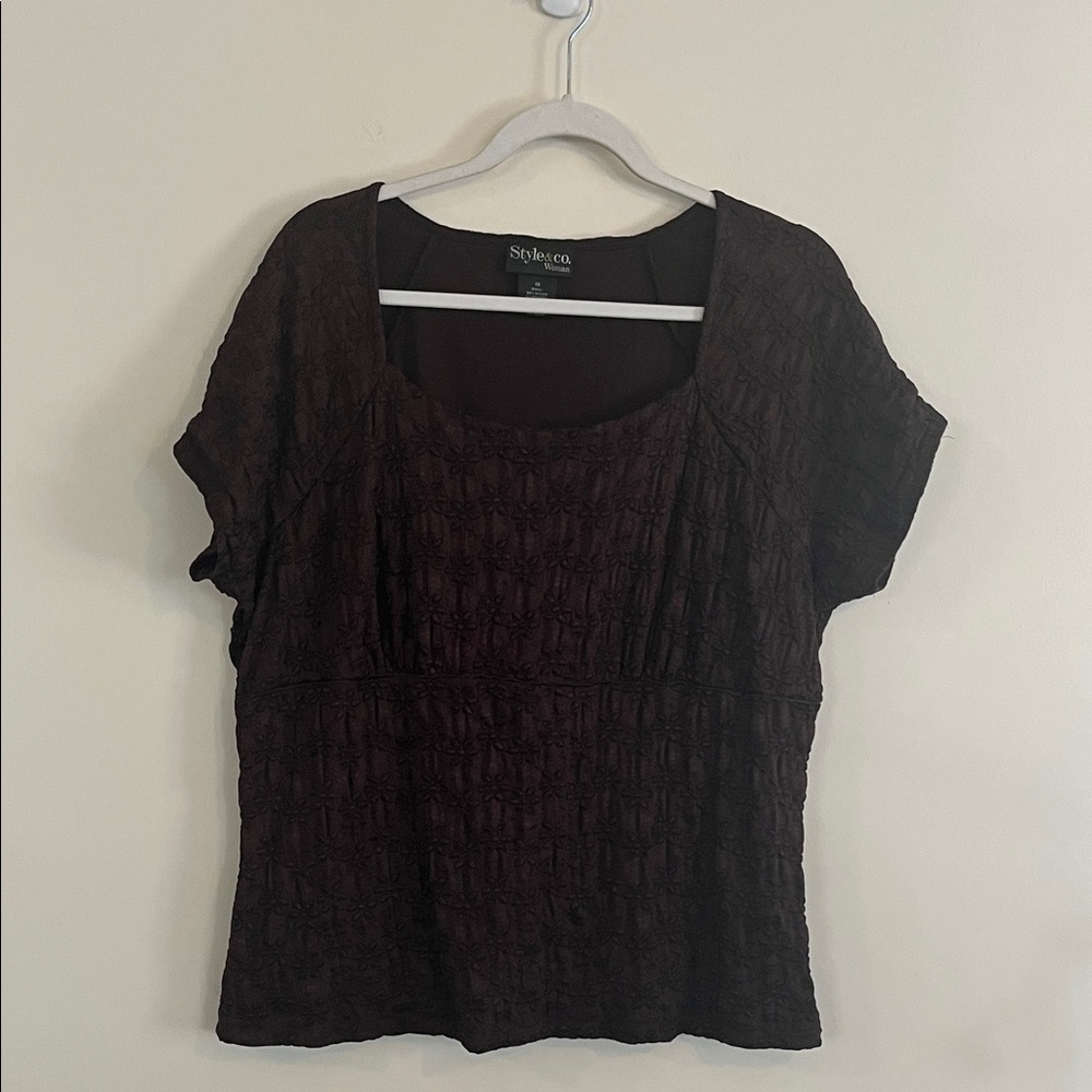 Vintage Style & Co Chocolate Brown Floral Babydoll Top Empire Lace‎ Textured Y2K